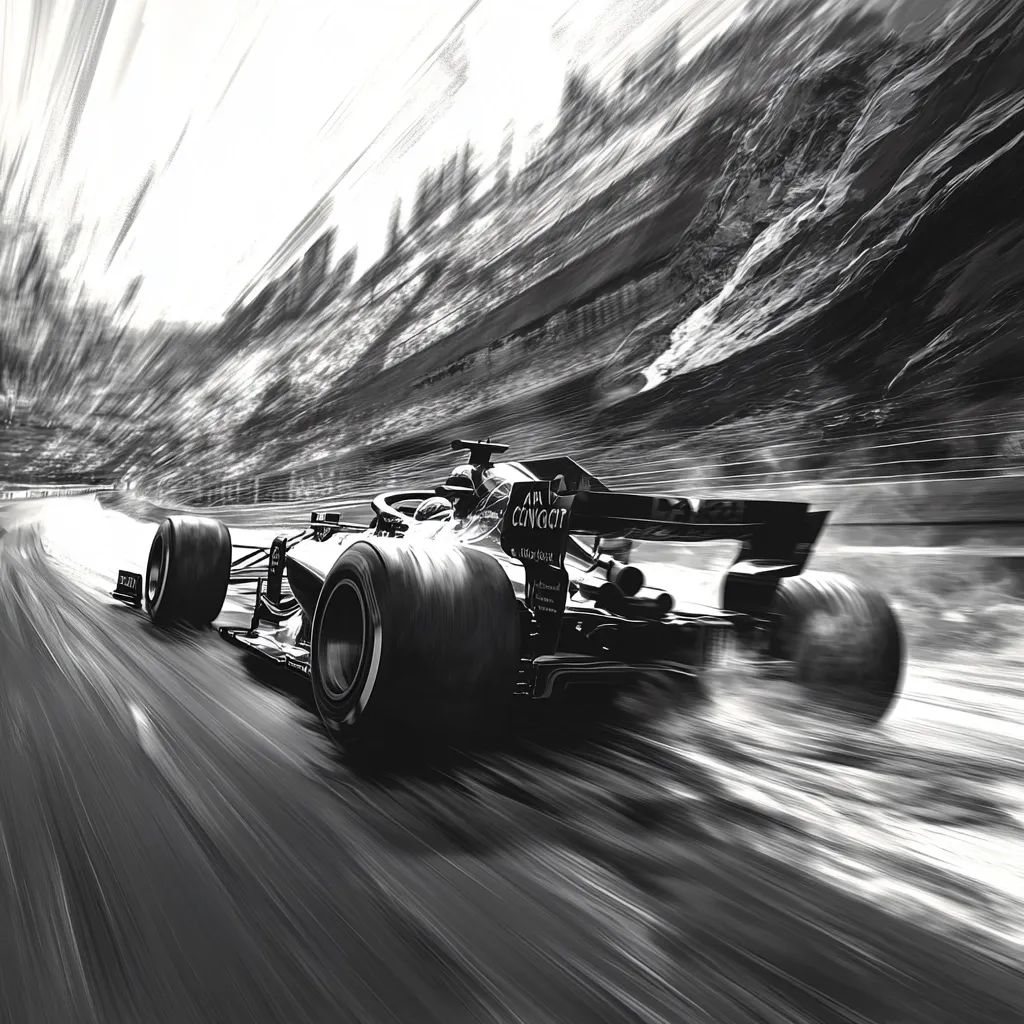 Here's a description of the image:

A black and white, motion-blurred photograph captures a Formula 1 race car speeding along a track. The car is in sharp focus relative to the background, which is a streaked blur suggesting high velocity.  The background hints at a mountainous or hilly terrain. The car's branding is partially visible, including "AM" and "CONGAT," indicating sponsorship. The overall effect is dramatic and emphasizes the speed and power of the vehicle. The image is artistic in its use of monochrome and motion blur to convey a sense of dynamism and excitement.