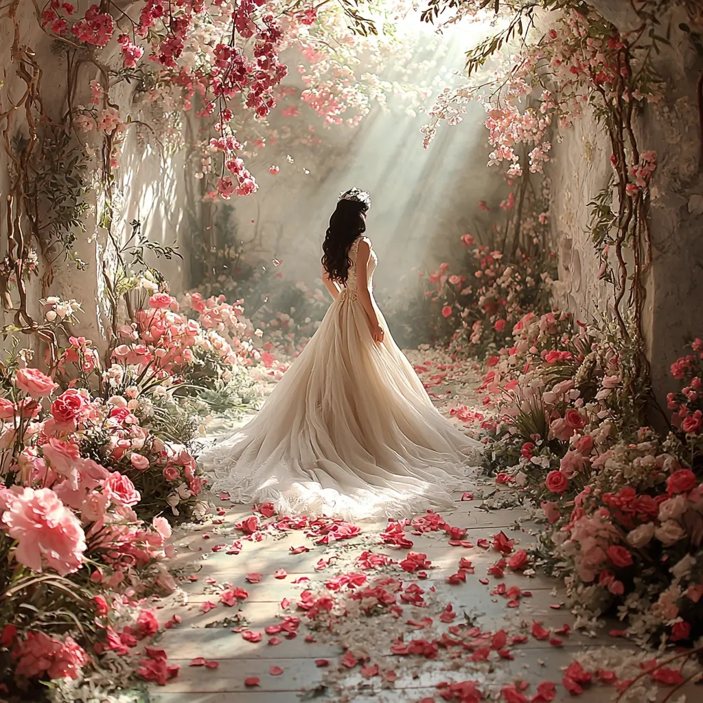 A breathtaking scene unfolds: a bride in a flowing, ivory gown stands amidst a magical floral archway.  Pink roses and blossoms create a breathtaking path leading to her. Sunlight streams through the blossoms, casting a ethereal glow on the bride and petals scattered on the ground. The overall atmosphere is dreamlike and romantic, evoking a fairytale setting.