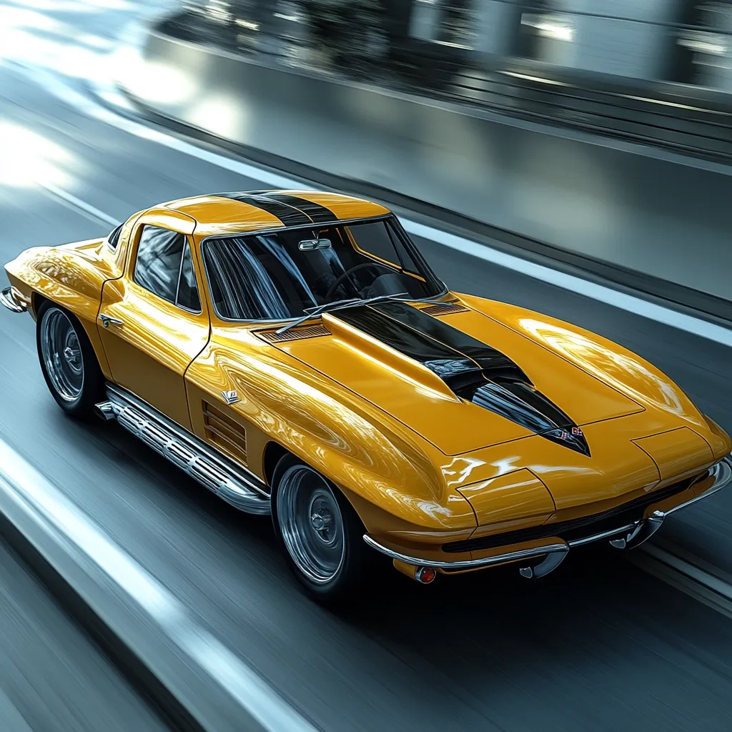 Here's a description of the image:

A vibrant yellow 1963 Chevrolet Corvette Sting Ray coupe speeds along a highway. The car features a prominent black racing stripe down its hood and roof. Its sleek design and chrome details are highlighted by the motion blur suggesting high speed. The background is blurred, emphasizing the car as the focal point. The overall impression is one of classic American muscle car power and stylish design in motion.