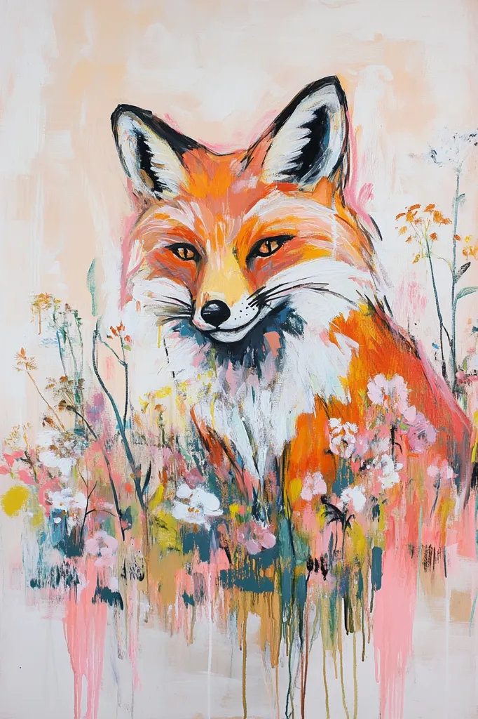 A vibrant painting depicts a red fox nestled amidst a profusion of wildflowers.  The fox's fur is rendered in warm oranges and whites, its expression serene.  The flowers are a mix of pinks, whites, and yellows, painted with a loose, expressive style.  Drips and splatters of paint add texture and movement, creating a whimsical, almost dreamlike atmosphere. The background is a soft, peachy beige, enhancing the overall brightness of the piece.