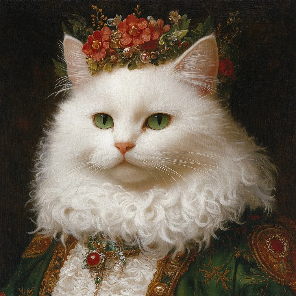 A regal white Persian cat, adorned with a vibrant floral crown, is the subject of this painting.  Its lush, fluffy fur contrasts beautifully with a richly detailed, emerald green and gold garment.  The cat's piercing green eyes and serious expression lend a dignified air, suggesting a portrait in the style of classical aristocratic paintings. A jeweled necklace adds to the opulent feel, completing the image of a feline monarch.