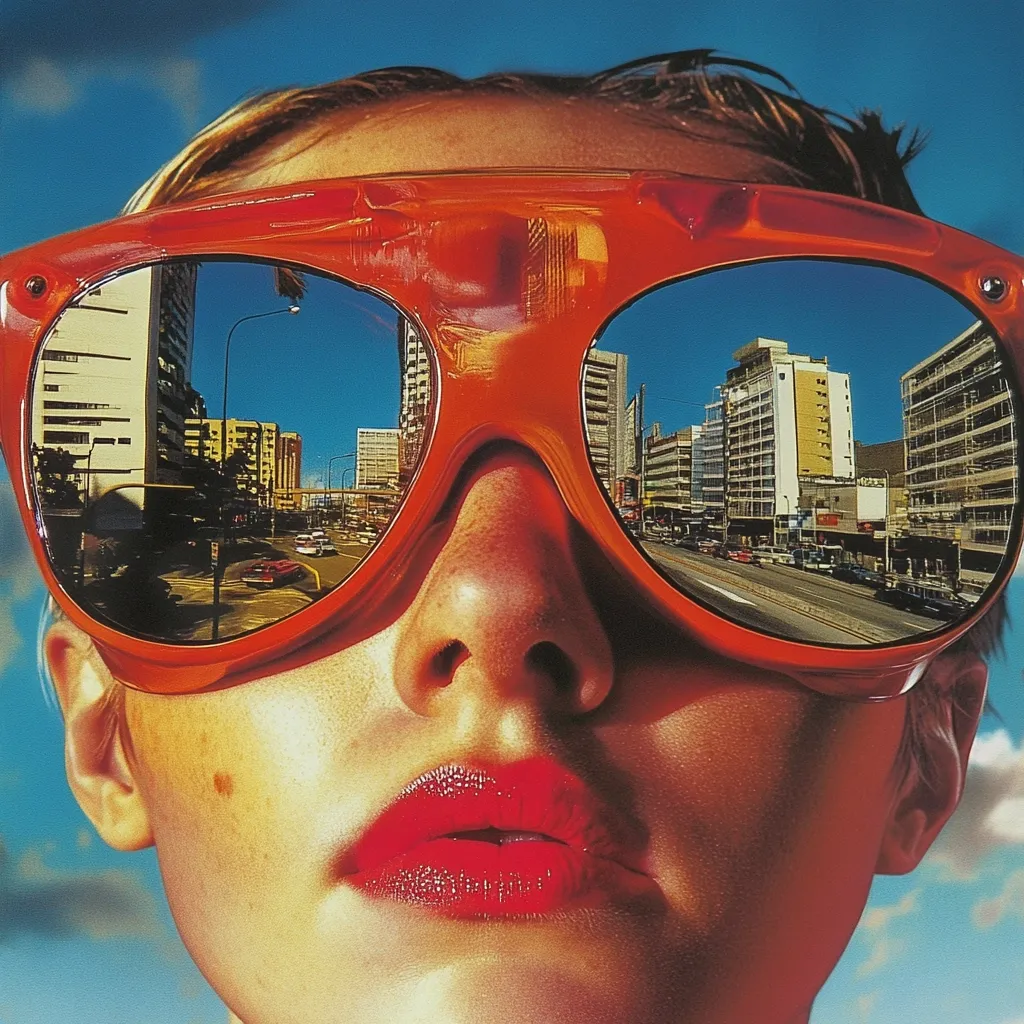 Close-up view of a woman's face, partially obscured by large, bright orange sunglasses.  The lenses reflect a cityscape, a vibrant street scene with buildings and cars, creating a surreal juxtaposition of personal and urban landscapes. The woman's skin is sun-kissed, and her lips are painted a bold red. The overall style is bold, graphic, and slightly retro. The image's contrast and color saturation are high, drawing attention to the reflective surfaces and vivid hues.