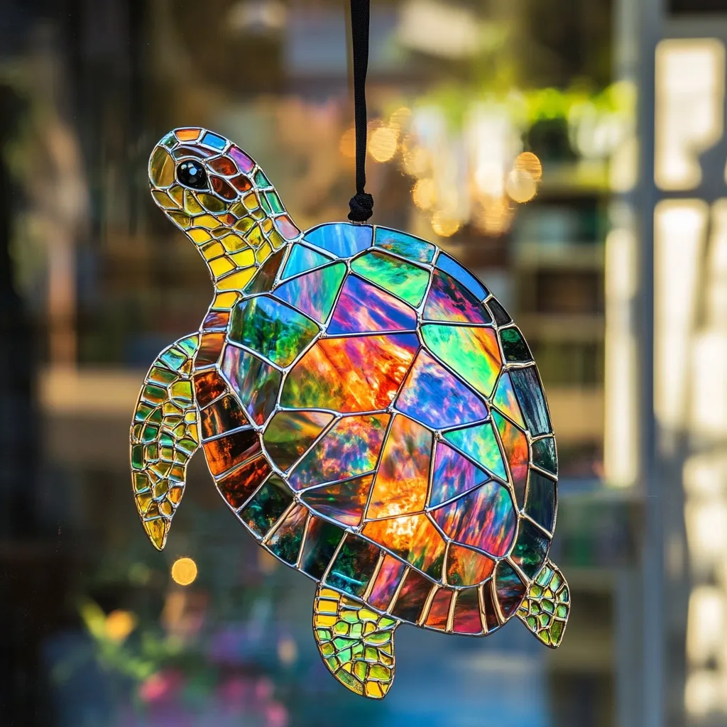 A vibrant stained-glass sea turtle ornament hangs from a black cord.  Its shell is a kaleidoscope of iridescent colors—reds, oranges, greens, and blues—creating a mesmerizing effect. The turtle's details are meticulously crafted, with each scale and limb clearly defined in metallic lead. The background is a blurred, out-of-focus view of a shop window, suggesting a display setting. The piece's captivating colors and craftsmanship make it a striking piece of art.