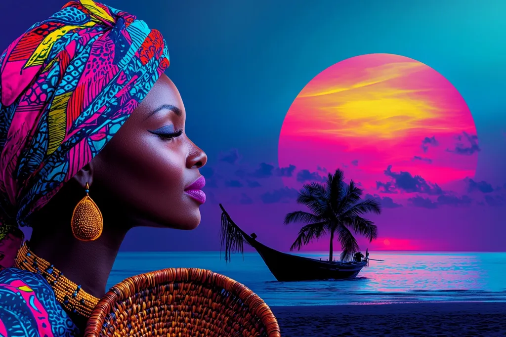 A stylized portrait of a Black woman, her face in profile, adorned in a vibrant, patterned headwrap and gold jewelry.  She holds a woven basket. The backdrop is a surreal tropical sunset, with a large, colorful sun dominating the sky, a lone palm tree on a beach, and a small boat gently resting on the water. The overall aesthetic is bold and colorful, blending elements of African culture with a dreamlike, almost otherworldly, landscape.
