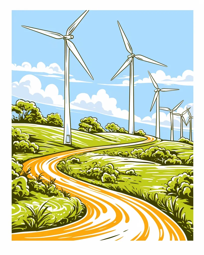 Here's a description of the image:

The illustration showcases a picturesque countryside scene under a bright blue sky dotted with fluffy white clouds.  A winding, orange-hued dirt road meanders through rolling green hills dotted with lush vegetation.  Prominently featured are several large wind turbines, their white blades contrasting against the vibrant landscape. The scene evokes a feeling of clean energy and rural tranquility, suggesting a harmonious blend of nature and technology. The style is reminiscent of vintage travel posters or cartoons, with bold outlines and slightly exaggerated features.