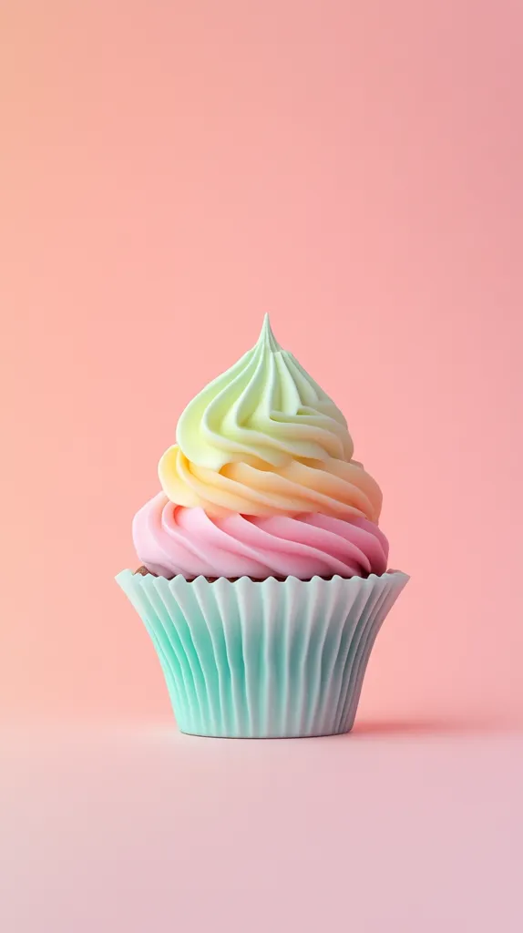 A pastel-colored cupcake sits center against a pale pink background.  The frosting is a layered swirl of light green, pale orange, and pink, creating a rainbow effect. The cupcake liner is a soft, seafoam green. The image is clean, simple, and evokes a feeling of sweetness and whimsy.  The lighting is soft and even, highlighting the cupcake's delicate colors.