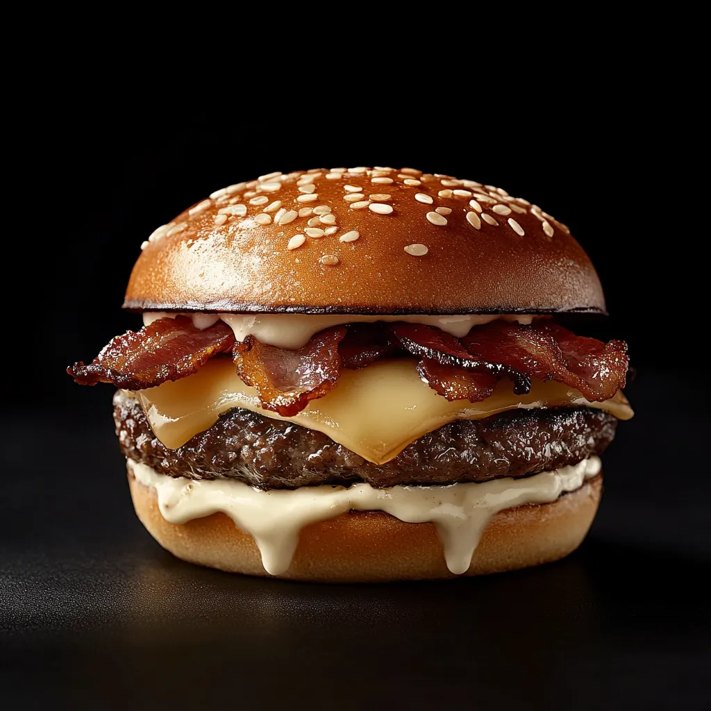 Here's a description of the image:

Close-up view of a gourmet hamburger against a stark black background. The burger features a toasted sesame seed bun, a juicy beef patty, melted cheese, crispy bacon strips, and a creamy sauce that drips down the sides of the bun.  The lighting is dramatic, highlighting the texture and details of each ingredient, making the burger appear incredibly appetizing. The overall composition is simple yet effective, emphasizing the burger's deliciousness.