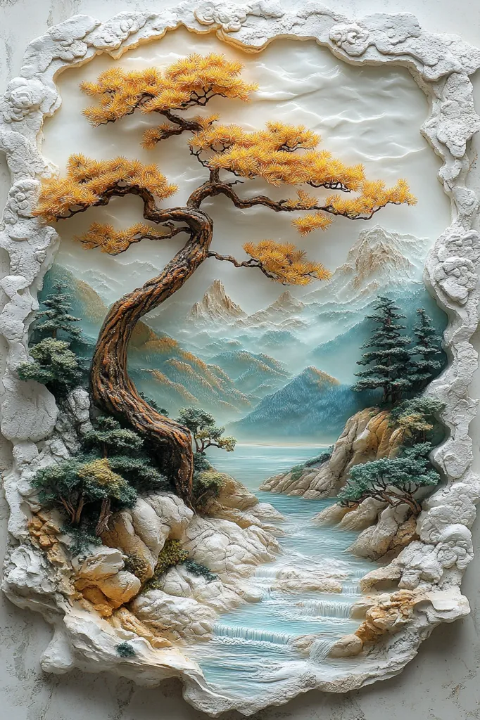 This stunning bas-relief sculpture depicts a serene landscape.  A golden-hued bonsai-style pine tree dominates the foreground, its branches reaching towards a misty mountain range reflected in a tranquil body of water.  A small stream cascades down rocky cliffs, leading to the lake.  The artwork is intricately detailed, with textured rocks, varied foliage, and a three-dimensional effect that gives it depth and realism. The overall feel is one of peaceful tranquility and natural beauty.