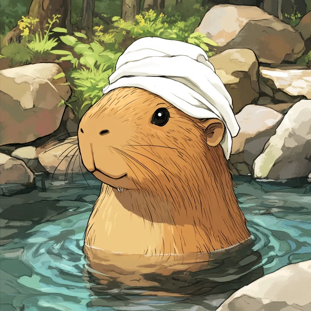Here's a description of the image:

The illustration depicts a capybara, its head and shoulders submerged in a tranquil pool of water nestled amongst rocks and lush greenery.  The capybara wears a white cloth wrapped around its head like a turban. The scene is serene, with soft light illuminating the capybara's fur and the surrounding natural environment. The style is reminiscent of children's book illustration, featuring smooth lines and warm color tones.  A single drop of water hangs from the capybara's chin.