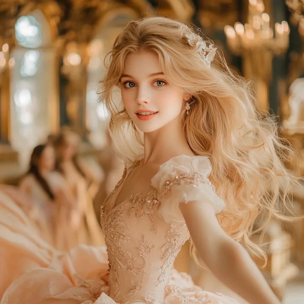 A young woman with long, flowing blonde hair, adorned with a delicate floral hairpiece, is the focus of the image.  She wears a stunning, intricately embroidered, light peach ball gown with puffed sleeves.  Her expression is gentle and captivating, her gaze directed slightly off-camera. The background features a blurred, opulent setting suggesting a palace or grand ballroom, with other figures in similar pastel gowns visible but out of focus.  The overall aesthetic is dreamy and fairytale-like.