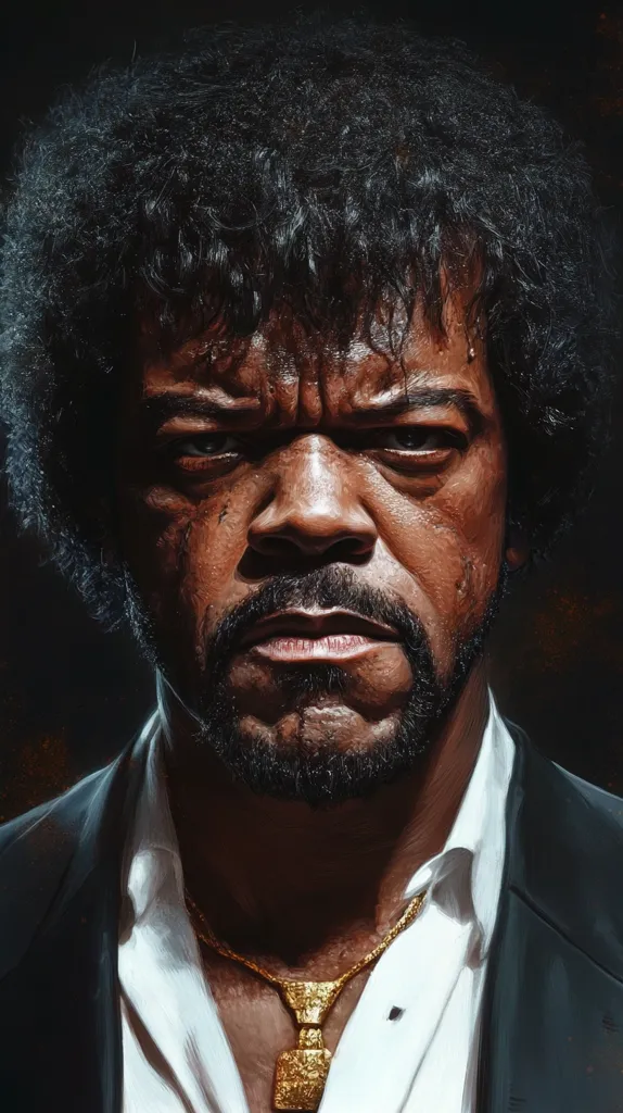 Here is a description of the image:

The image is a stylized portrait of Samuel L. Jackson, seemingly inspired by his role as Jules Winnfield in Pulp Fiction. He is depicted from the chest up, his dark, curly hair framing a serious, intense face. His expression is stern, eyebrows furrowed, and his gaze is direct.  He wears a dark suit over a crisp white shirt, and a gold chain with a pendant is visible around his neck. The painting style is dramatic, with strong contrasts in light and shadow that accentuate his features and create a moody atmosphere.  The texture of his skin and hair is rendered with noticeable detail.