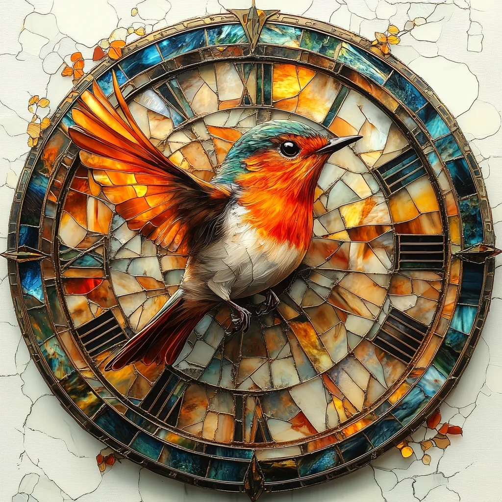 Here's a description of the image:

The artwork depicts a vibrantly colored bird, seemingly a robin, in mid-flight.  Its orange breast and outstretched wings are strikingly detailed. The bird is positioned centrally against a circular clock face crafted from a mosaic of warm and cool-toned, irregular pieces of what looks like stained glass or polished stone.  The clock’s Roman numerals and metallic frame are intricately rendered. The background features a cracked, off-white surface, adding a sense of age and fragility, contrasting with the bird's lively dynamism.  The overall style is hyperrealistic, with a focus on texture and fine detail.