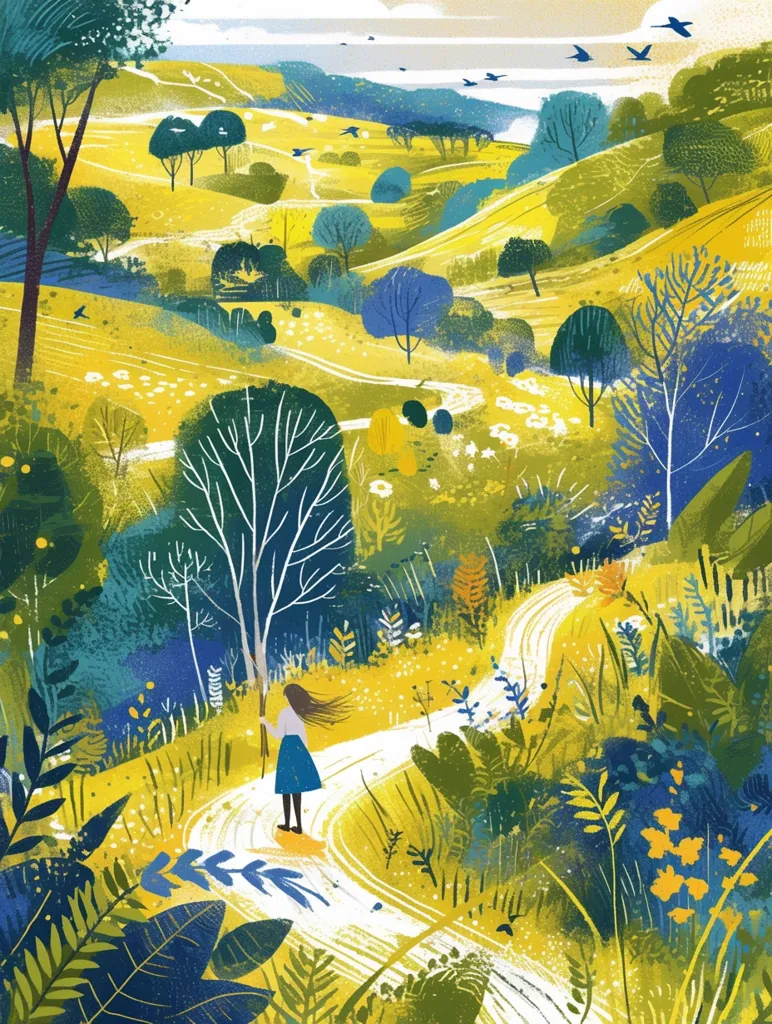 A vibrant illustration depicts a winding path through a sun-drenched landscape.  Yellow-green hills roll gently, dotted with stylized trees and wildflowers.  A lone figure, a woman with long brown hair, walks the path, holding a staff.  The style is impressionistic, using bold strokes and a limited palette, emphasizing the warmth and tranquility of the scene. Birds fly overhead, adding to the peaceful atmosphere.  The overall feeling is one of gentle exploration and natural beauty.