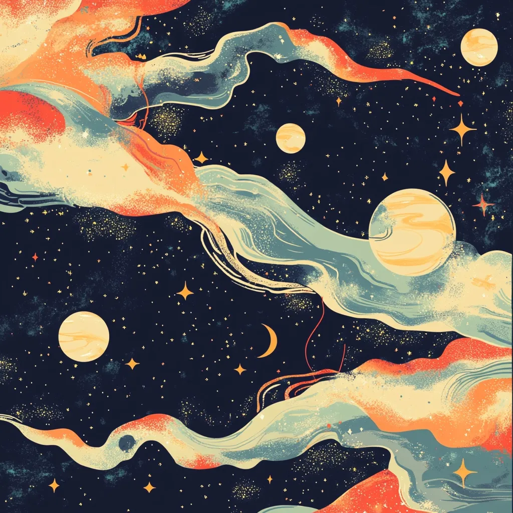 This artwork depicts a stylized cosmic scene.  Swirling, abstract clouds of orange and teal dominate the canvas, suggesting nebulae or celestial flows against a dark blue night sky. Scattered across the image are various celestial bodies: planets rendered in muted yellows and oranges, stars of varying sizes, and a crescent moon. The overall style is reminiscent of vintage illustrations or retro space art, with a textured, slightly grainy appearance.  The color palette is muted and warm, creating a calming and dreamlike atmosphere.