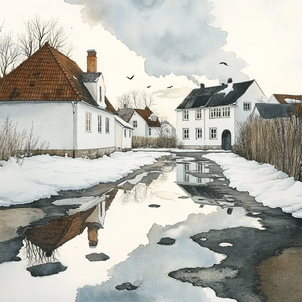 A watercolor painting depicts a snow-dusted street scene.  White buildings, one a prominent two-story house, line the street.  A large puddle reflects the buildings and sky, broken by patches of ice and snow.  Bare winter trees and tall grasses flank the street.  A few birds fly overhead against a cloudy sky, adding a sense of quietude to the winter village scene.  The overall style is realistic, with a muted color palette emphasizing the coldness and stillness of the day.