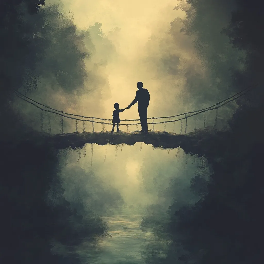 A digital painting depicts a man and child silhouetted against a misty, ethereal landscape.  They stand hand-in-hand on a precarious rope bridge suspended high above a tranquil, shadowy stream.  The surrounding environment is shrouded in a dense fog, creating a sense of mystery and journey. The overall tone is somber yet hopeful, suggesting guidance and passage through an uncertain path. The muted colors and painterly style emphasize the dreamlike quality of the scene.