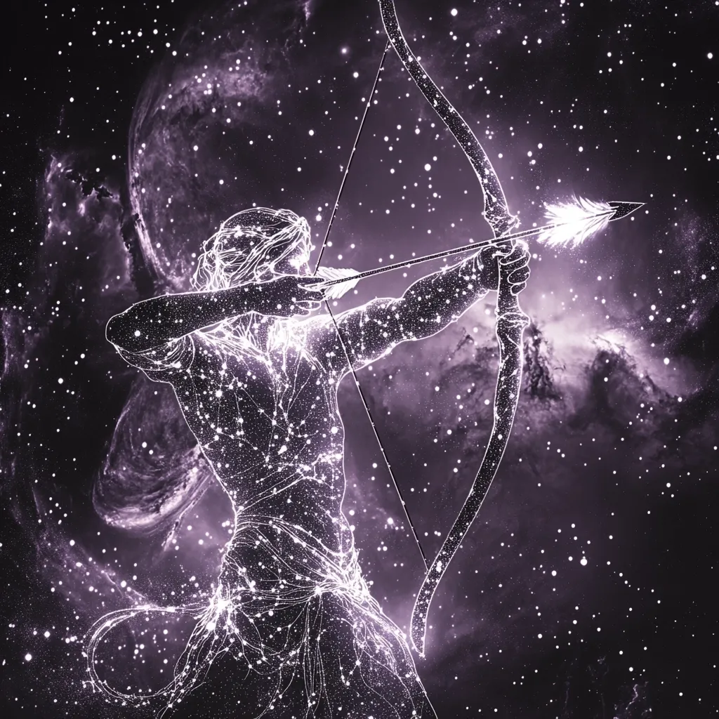 The image depicts a celestial Sagittarius, a figure formed from constellations and stars against a deep purple nebula.  The archer, outlined in luminous points of light, is poised mid-shot, bow and arrow drawn, ready to release. The cosmic dust swirls around the figure, creating a mystical and ethereal atmosphere. The overall effect is one of otherworldly beauty and astrological significance.