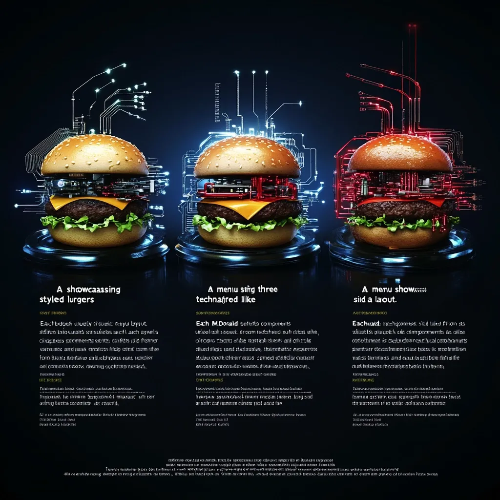 The image displays three visually similar, stylized burgers presented as menu items.  Each burger is embedded within a circuit board design, with differing color schemes (blue, red, and a combination).  Accompanying text describes each burger's presentation as a "showcasing styled burger," a "menu string three technaired like," and a "menu show...slid a layout."  The stylistic choices suggest a futuristic or technologically advanced approach to food presentation and menu design.