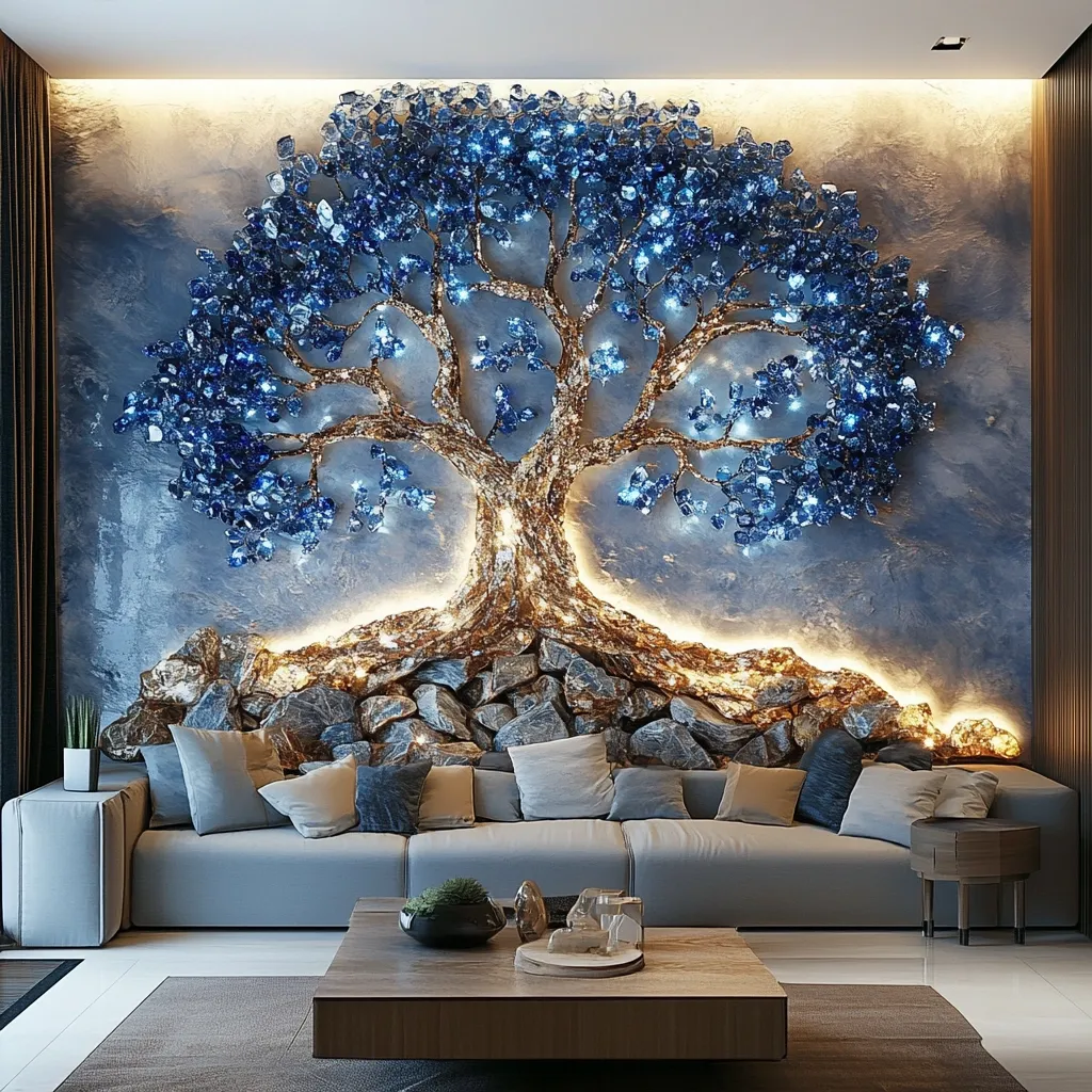 A stunning, large-scale art piece dominates a living room wall.  It depicts a stylized tree, its branches and leaves crafted from shimmering, blue crystal-like materials, set against a textured, blue-grey backdrop.  The tree's roots appear to emerge from a pile of rocks, all lit from behind with warm, golden light.  A light grey sofa with plush cushions sits beneath the artwork, complemented by a low, wooden coffee table. The overall aesthetic is luxurious and serene, evoking a sense of calm and sophistication.