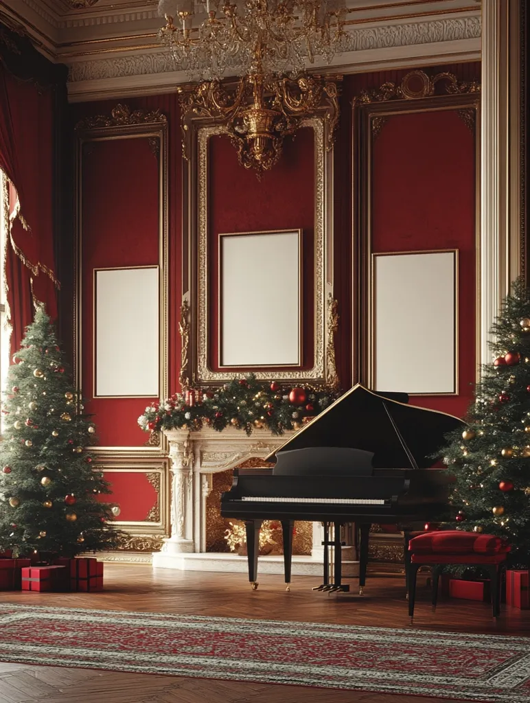 A grand, opulent room is festively decorated for Christmas.  Two Christmas trees flank a black grand piano positioned before a marble fireplace adorned with garland.  The walls are deep red, paneled with gold detailing and framed by ornate molding.  Empty picture frames hang on the walls, adding to the room's elegant yet slightly austere ambiance. A rich red rug lies before the fireplace and piano.  The overall scene evokes a sense of classic, luxurious holiday celebration.