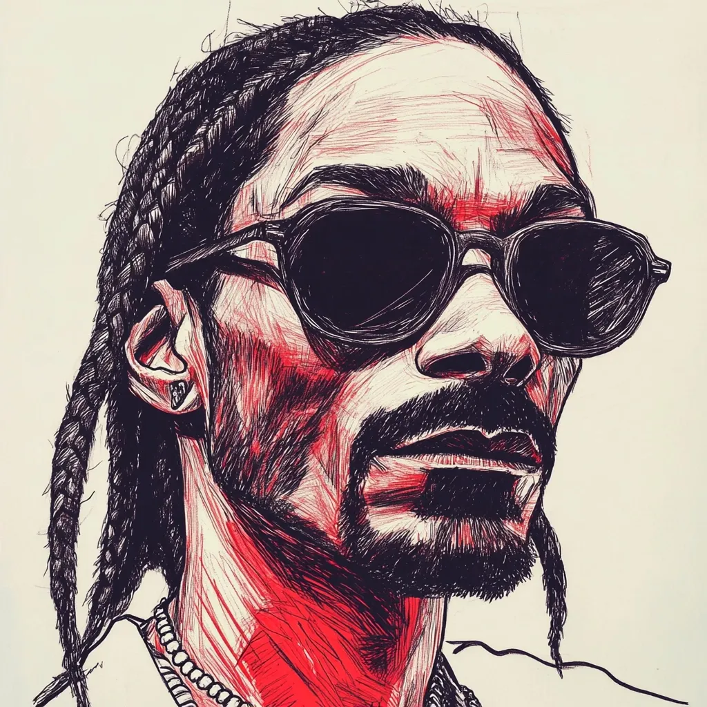 This is a striking pen-and-ink portrait of Snoop Dogg.  The artist uses a crosshatch technique, predominantly in red and black ink, to create texture and depth.  Snoop's face is sharply defined, highlighted by his dark sunglasses and braided hair. The red shading adds a dramatic intensity, contrasting with the black ink detail.  The overall effect is a dynamic and stylized representation of the iconic rapper.