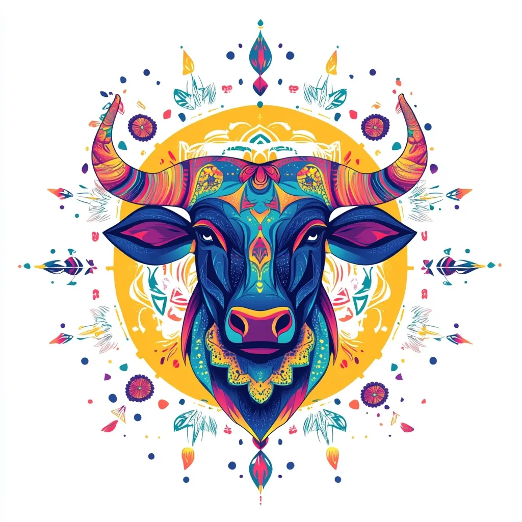 Here's a description of the image:

The image showcases a vibrant, stylized bull's head, rendered in a kaleidoscope of bright, multicolored patterns. Its horns curve elegantly outward, mirroring the intricate, mandala-like design encircling it. This circular design incorporates floral motifs, geometric shapes, and feathers, adding to the overall sense of fantasy and cultural inspiration. The bull's face is detailed with bold lines and color gradients, creating a captivating visual effect. The artwork blends traditional artistic elements with a modern, bold aesthetic. The background is stark white, making the colorful bull the central focus.