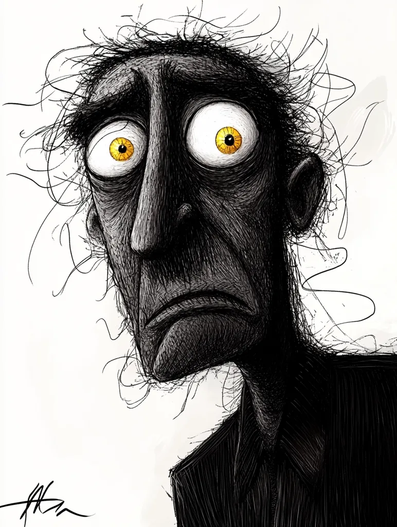 The illustration depicts a stylized, cartoonish man with a distressed expression. His face is rendered in stark black and white, with heavily textured shading creating a sense of unease.  Wide, frightened eyes, with bright yellow irises, contrast sharply with his downturned mouth and furrowed brow. His wild, spiky hair further contributes to the overall feeling of anxiety and chaos. The man is dressed in dark clothing, adding to the somber mood of the piece.  The artist's signature is visible in the bottom left corner.