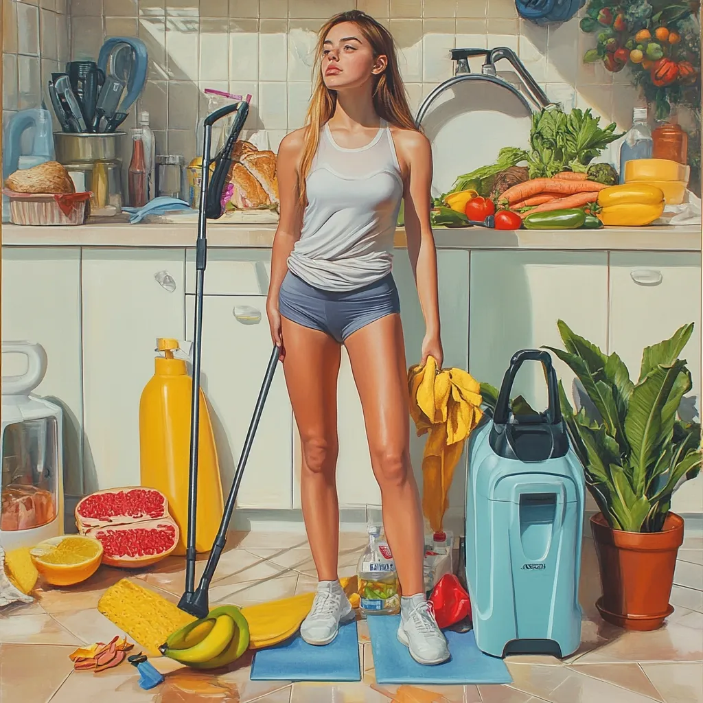 A hyperrealistic painting depicts a young woman in athletic wear standing in a sunlit kitchen.  She holds a mop and a yellow cloth, seemingly pausing mid-cleaning.  The kitchen is overflowing with produce, cleaning supplies, and food items, creating a vibrant, cluttered scene.  The woman's poised stance contrasts with the kitchen's chaotic abundance, suggesting a moment of contemplation amidst activity.  The overall style is meticulous, highlighting the texture and light within the scene.