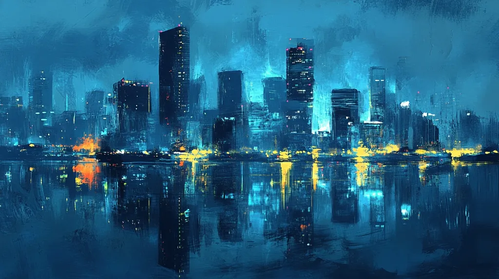 Here's a description of the image:

The painting depicts a cityscape at night, reflected in a calm body of water.  The style is impressionistic, with thick, visible brushstrokes creating a textured, almost abstract effect.  Buildings of varying heights are silhouetted against a dark blue sky, punctuated by small, warm-toned lights suggesting windows.  The water mirrors the city, blending the reflection with the actual skyline, creating a dreamlike atmosphere. The overall palette is predominantly cool blues and teals, contrasted by the warmer yellow lights of the city.  The scene feels both urban and serene, capturing a moment of quietude within a bustling metropolis.