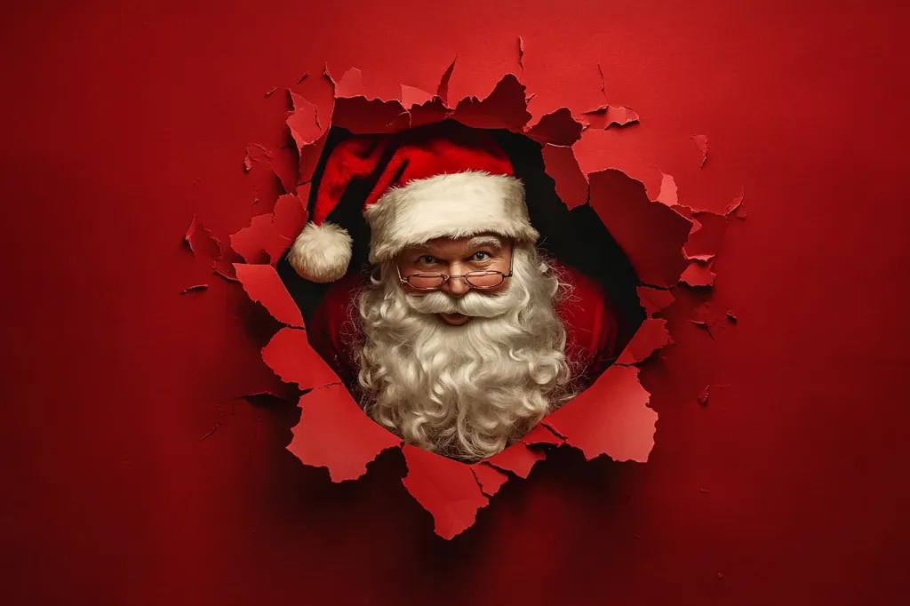 A jolly Santa Claus bursts through a red paper background, his white beard and rosy cheeks peeking through a ragged hole. He wears a traditional red suit and hat, complete with a fluffy white trim.  His glasses and mischievous grin add to his playful demeanor. The vibrant red of the backdrop accentuates the festive nature of the image, creating a cheerful and dynamic Christmas scene.