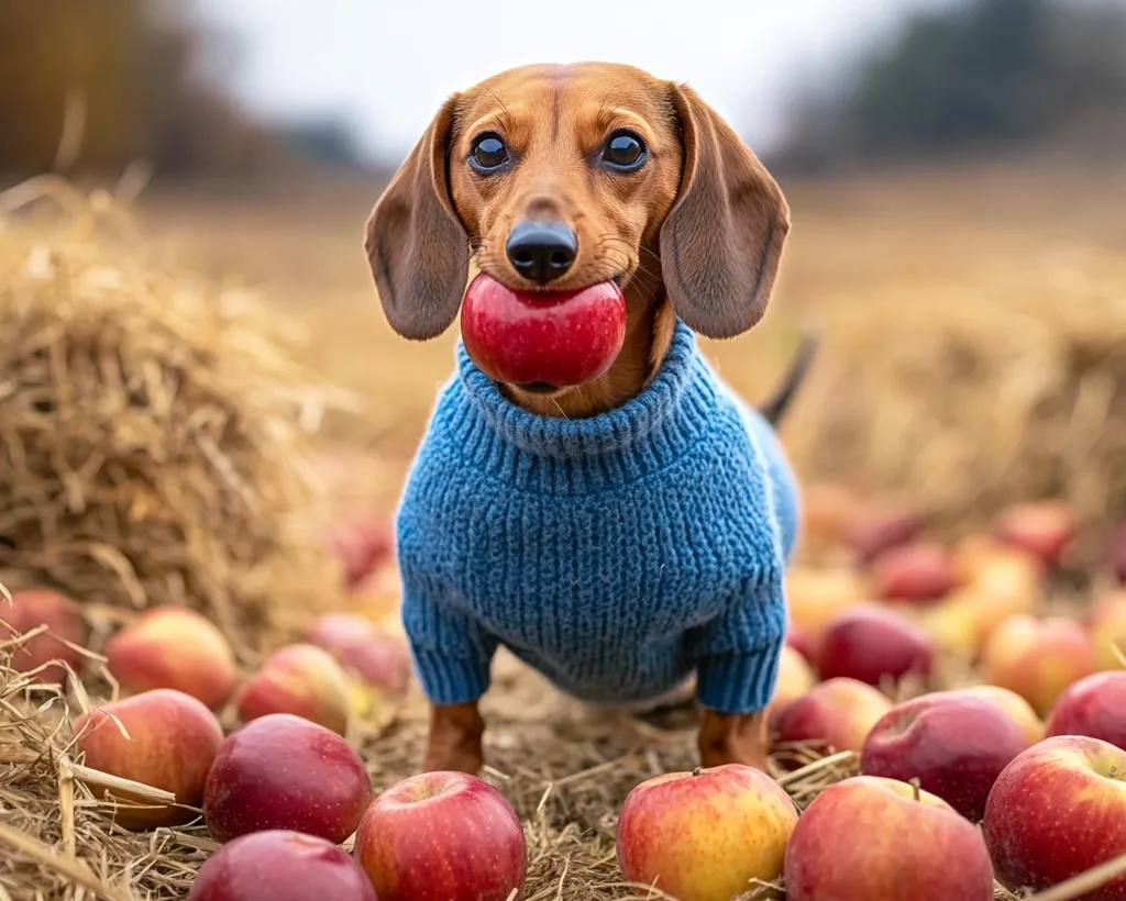 Here's a description of the image:

An adorable dachshund, wearing a light blue sweater, is the focal point of the image.  The dog gently holds a red apple in its mouth. It's situated amidst a scattering of ripe red apples on a bed of hay. The background is softly blurred, suggesting an autumnal setting in a field. The overall tone is warm and inviting, capturing a charming and heartwarming moment with the dog and the fall harvest.