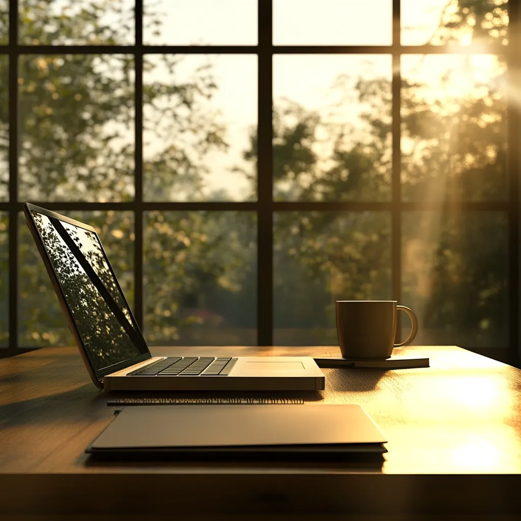 Here's a description of the image:

A tranquil workspace is bathed in the warm glow of morning sunlight streaming through a large window. A laptop rests open on a wooden desk, its screen reflecting the lush greenery outside. Beside it sits a mug, likely containing coffee, and a notebook. The scene evokes a feeling of peaceful productivity, ideal for work or contemplation.  The overall aesthetic is calming and suggests a home office setting.