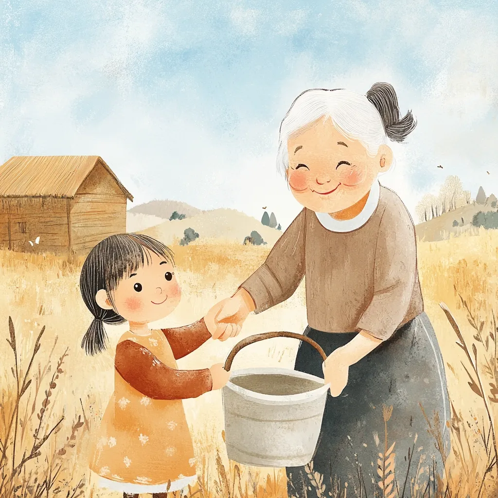 A sweet illustration depicts a smiling elderly woman and a young girl in a sun-drenched field.  The girl, with dark hair in pigtails, happily helps the woman carry a metal pail.  They stand amidst tall, golden grasses near a rustic wooden house, creating a warm and idyllic scene suggestive of a shared countryside task or simple pleasure. The style is soft and whimsical, with muted earth tones dominating the palette.