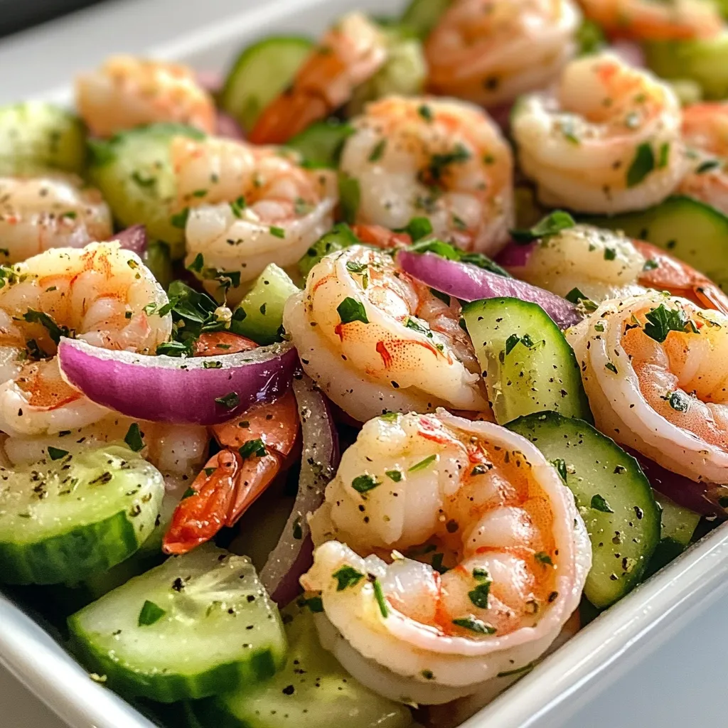 Here's a description of the image:

A close-up shot showcases a vibrant shrimp salad, brimming with succulent shrimp, crisp cucumber slices, and thinly sliced red onions.  The shrimp are plump and glistening, generously seasoned with what appears to be fresh herbs and cracked black pepper.  The cucumbers are bright green and offer a refreshing contrast to the pink shrimp and purple onions. The salad is artfully arranged in a white rectangular dish, highlighting its freshness and appetizing quality.  The overall impression is one of a light, flavorful, and healthy dish, perfect for a summer meal.