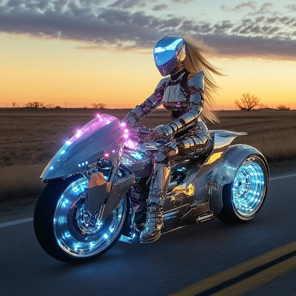 A chrome robotic woman with blonde hair, wearing a futuristic helmet, rides a sleek, chrome motorcycle.  The bike is adorned with vibrant LED lights encircling the wheels, casting a colorful glow on the road. The scene is set at sunset, with a vast, open field visible in the background. The overall aesthetic is futuristic and stylish, suggesting a science fiction or fantasy setting.  The image exudes a sense of speed and adventure.