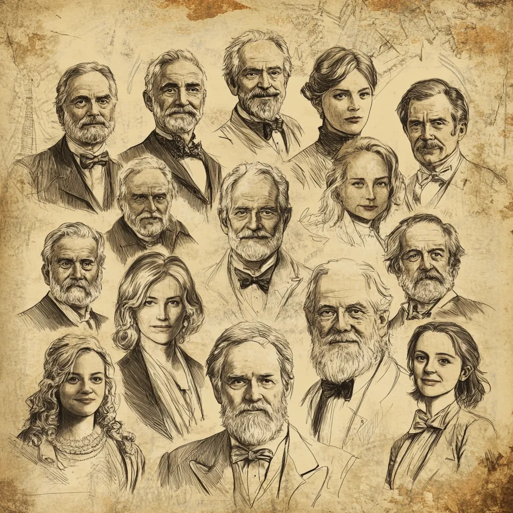 This sepia-toned sketch depicts a collection of portraits, likely representing a group of significant individuals.  The style is reminiscent of 19th-century illustrations, with detailed rendering of facial features and clothing.  Both men and women are included, exhibiting a range of ages and expressions. The background suggests an aged, parchment-like texture, adding to the antique feel. The overall composition creates a sense of history and gravitas, inviting viewers to contemplate the identities and stories behind each face.
