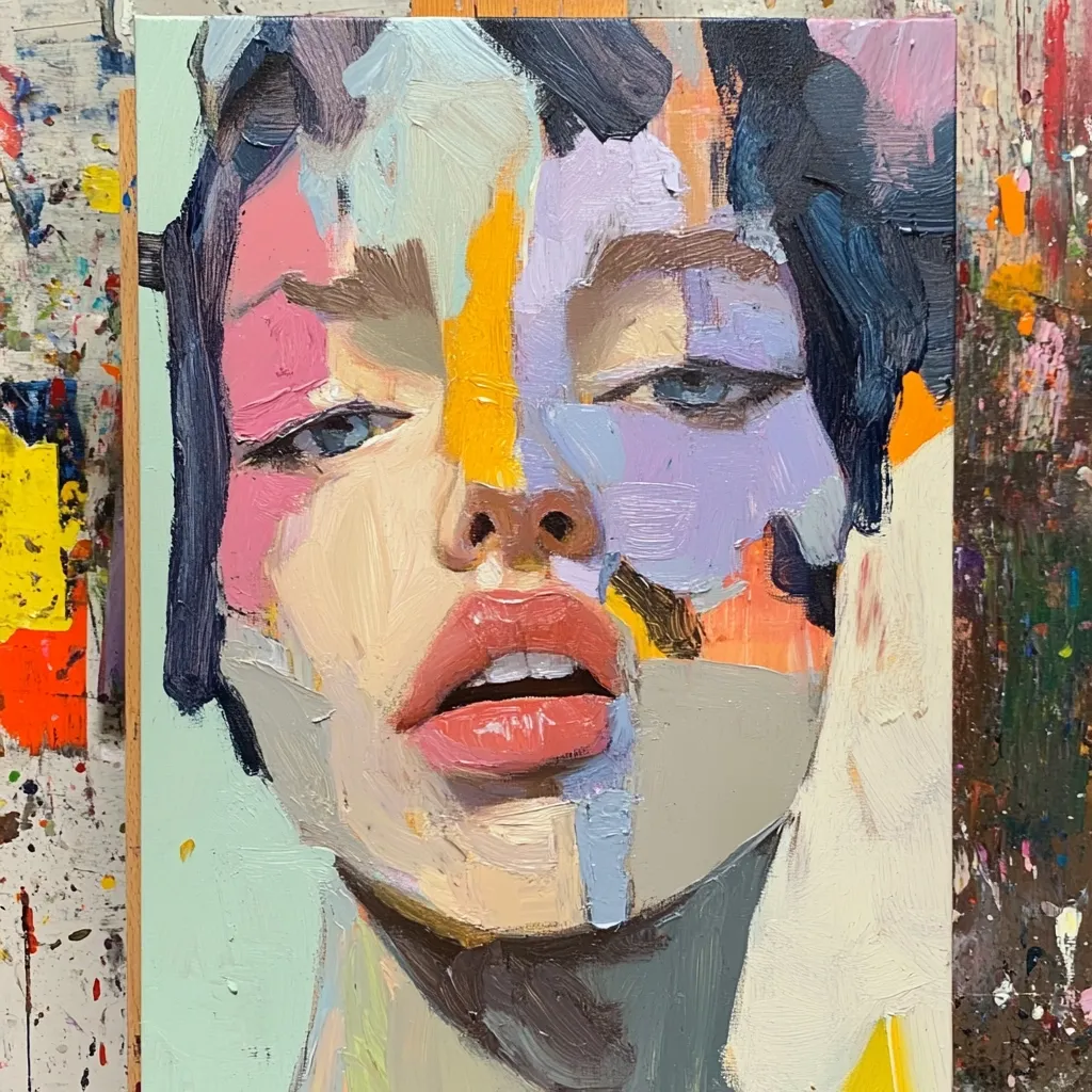 Here's a description of the image:

The painting is a close-up portrait of a woman's face, executed in a vibrant, impasto style.  Bold strokes of pink, purple, yellow, gray, and teal are layered across her features, creating a fragmented effect. The woman's expression is open-mouthed, suggesting surprise or perhaps a gasp. Her eyes, though partially obscured by paint, possess a captivating intensity. The background is a muted, pale teal, providing a contrast to the bold foreground. The overall impression is one of raw emotion and artistic experimentation, showcasing a unique blend of abstraction and portraiture.