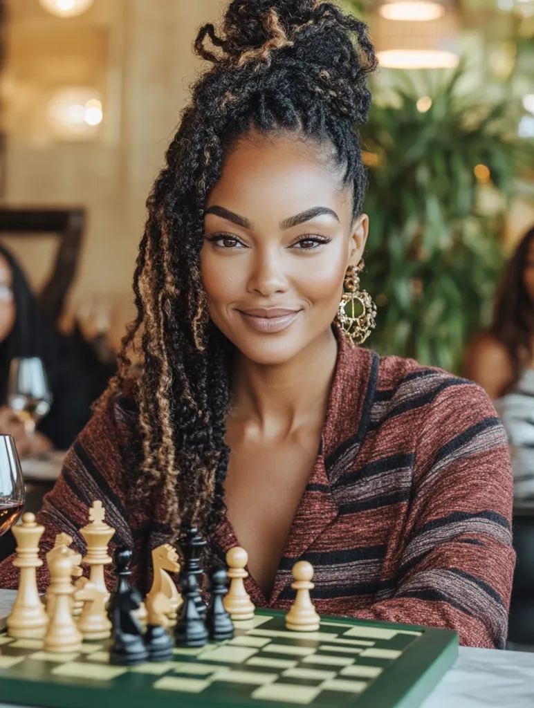 A young Black woman with long, braided hair styled in a high bun sits at a table, leaning slightly towards a chessboard.  She wears a maroon and black striped sweater and large gold earrings. Her expression is serene and confident.  The setting appears to be a stylish café or restaurant, with blurred background figures suggesting a relaxed social atmosphere. The focus is sharply on the woman and the chess pieces, suggesting a moment of strategic contemplation.