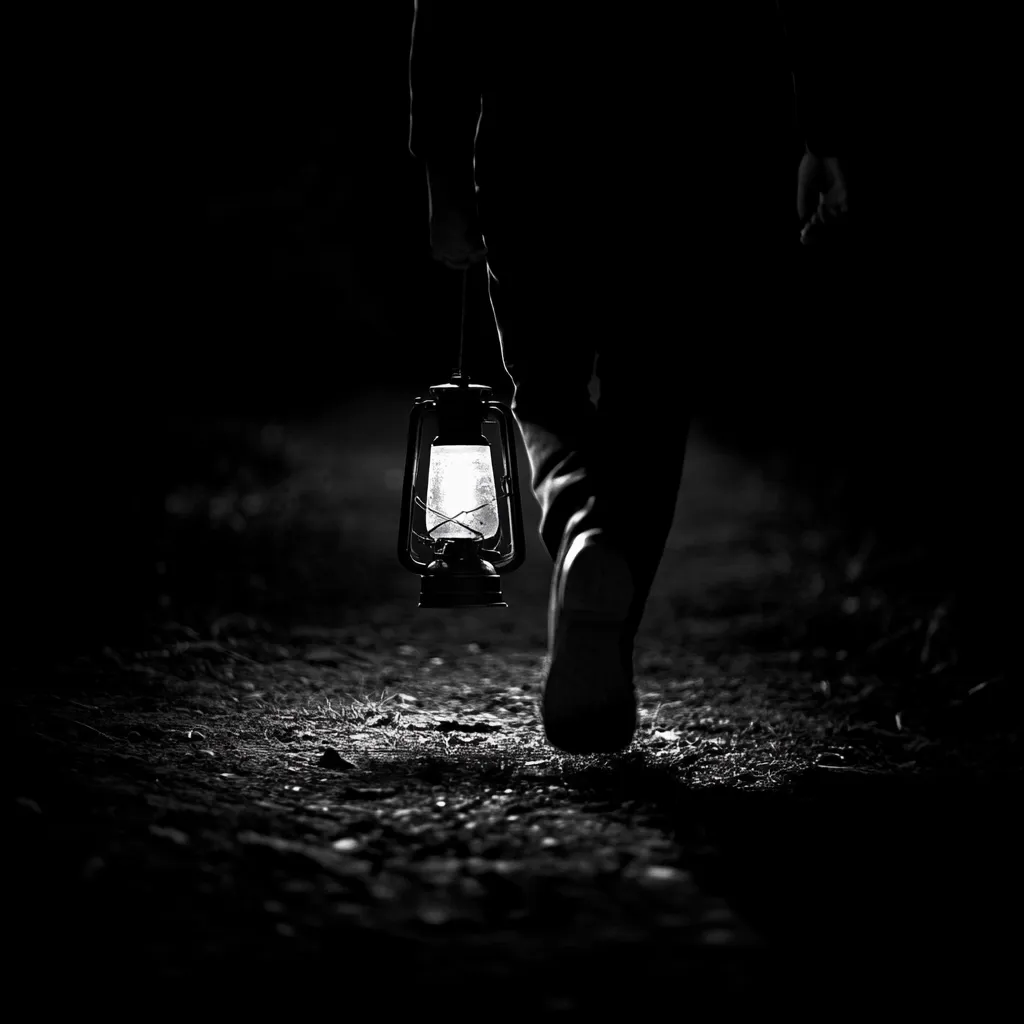 A black and white image depicts a person walking away from the camera on a dark path at night.  The only light source is a glowing kerosene lantern held in their hand, casting a small circle of illumination on the ground.  The figure is silhouetted against the darkness, their features obscured, creating a mysterious and atmospheric scene. The path appears to be dirt or gravel. The overall mood is one of solitude and perhaps suspense.