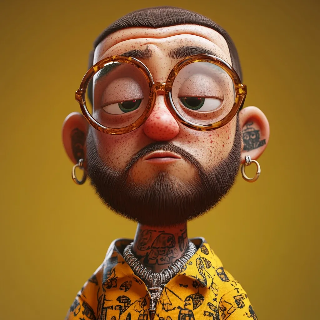 Here's a description of the image:

The image is a close-up of a stylized 3D rendering of Mac Miller, a popular musician.  He's depicted in a cartoonish manner, with exaggerated features like a large nose and round glasses. His expression is serious and slightly sullen. He sports a short haircut, a full beard, and visible tattoos on his neck and ear. He's dressed in a yellow button-up shirt with a cartoonish print and wears gold hoop earrings. The background is a simple, solid mustard yellow. The overall style is playful yet realistic, capturing the essence of Mac Miller's look while presenting it in a unique, artistic way.