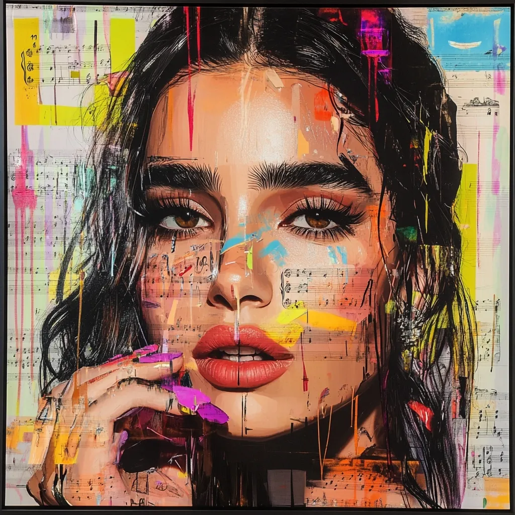 A vibrant, mixed-media artwork depicts a young woman's face. Her dark hair cascades around her, and she gazes directly at the viewer with expressive brown eyes. Her face is partially obscured by splashes of bright, colorful paint and overlaid sheets of musical notation, creating a sense of energy and movement.  The overall effect is a striking blend of realistic portraiture and abstract expressionism, conveying a feeling of both vulnerability and strength. The color palette is rich and intense, contrasting the darker tones of her hair with the vivid hues of the superimposed elements.