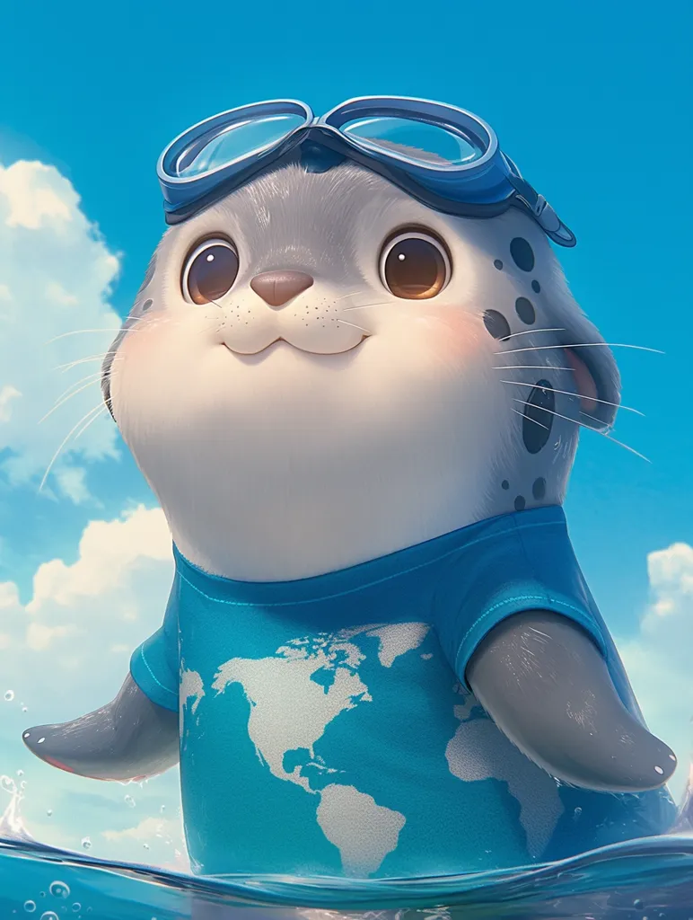 Here's a description of the image:

The image showcases a charming, cartoonish seal pup partially submerged in clear, turquoise water.  Its large, expressive eyes and chubby physique contribute to its adorable appearance. The seal pup wears light blue swimming goggles and a shirt featuring a faded world map. The background is a bright blue sky with fluffy white clouds, enhancing the cheerful, summery mood.  The overall style is 3D-rendered, with a soft, smooth texture and attention to detail in the fur and water.