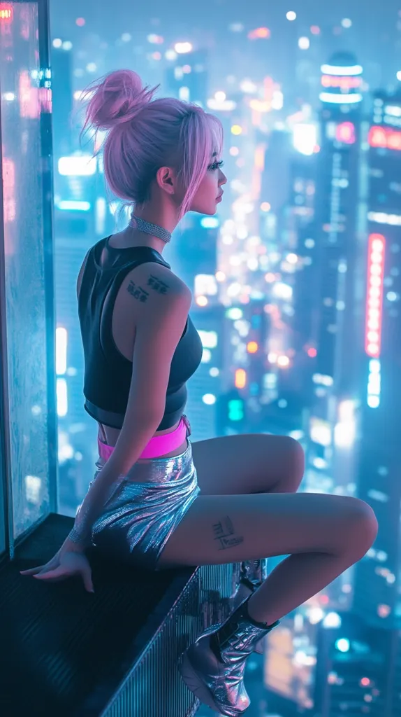 A young woman with pastel pink hair styled in a bun sits on a window ledge, gazing out at a vibrant, futuristic cityscape at night.  She wears a black cropped tank top, a shimmering silver mini skirt, and pink accents.  Delicate tattoos adorn her shoulder and thigh. The city lights create a dreamy, neon-drenched backdrop, enhancing the cyberpunk aesthetic.  She wears futuristic-style silver boots. The overall mood is stylish and contemplative.
