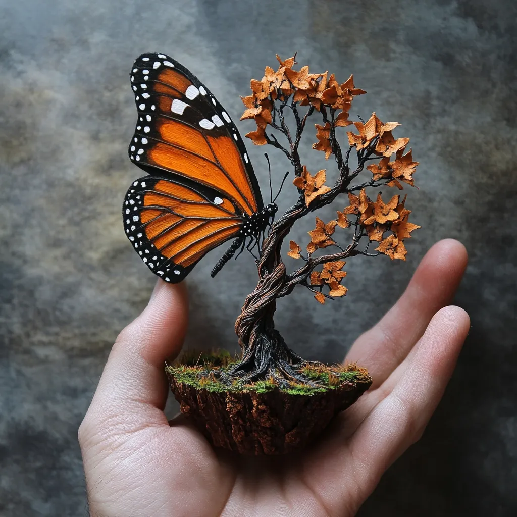 A hand gently cradles a meticulously crafted miniature scene.  A vibrantly colored monarch butterfly, seemingly painted with exquisite detail, rests on a tiny, intricately wired bonsai tree with autumnal orange leaves.  The miniature tree and its base are textured, suggesting bark and moss. The overall effect is one of delicate beauty and artistic skill, evoking a sense of nature's fragility and artistry.