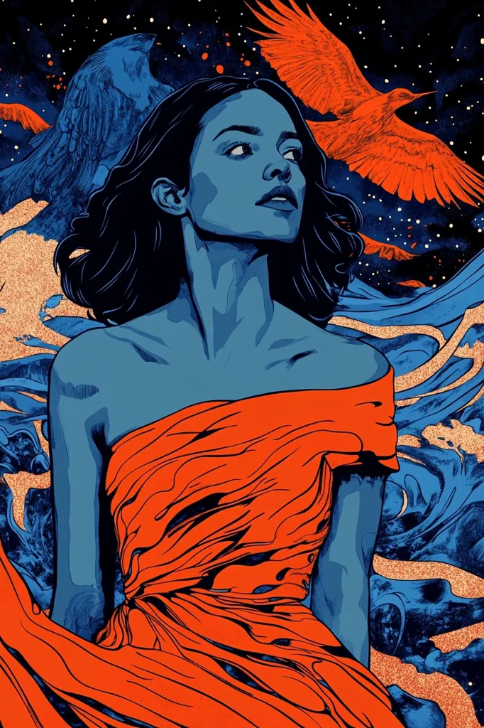 The illustration showcases a stylized woman with blue skin, dark hair, and an orange, flowing off-the-shoulder gown.  Her gaze is directed upward, towards two large birds in flight—one blue, one fiery orange—set against a dark, star-speckled background.  The style is bold and graphic, using contrasting colors and fluid lines to create a dramatic and ethereal atmosphere.  The swirling background suggests movement and perhaps a celestial or aquatic setting.