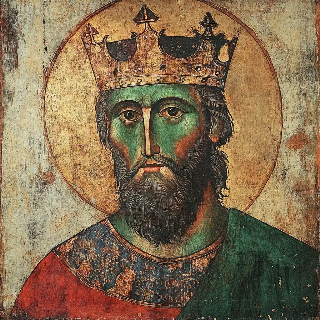 The image shows a Byzantine-style icon depicting a crowned king.  He has a long, dark beard and his face is painted in a stylized manner with an unusual greenish hue. He wears a golden crown with pointed arches and ornate details, and his robe is predominantly red with a dark green cloak draped over his shoulder. The background is a faded gold, forming a halo behind his head. The painting style is characteristic of medieval religious art, using bold colors and a somewhat flat, symbolic representation.  The paint shows signs of age and wear, adding to its antique quality.