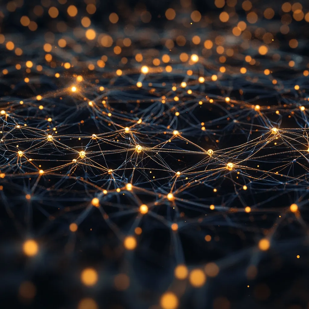 The image depicts a complex network of interconnected nodes, resembling a neural network or a vast interconnected system.  Thin, dark lines connect luminous golden spheres, creating a three-dimensional web that stretches across the frame.  The background is a dark, almost black expanse, with out-of-focus golden lights adding depth and suggesting a vast, intricate structure.  The overall impression is one of complexity, connection, and potentially, technological advancement.