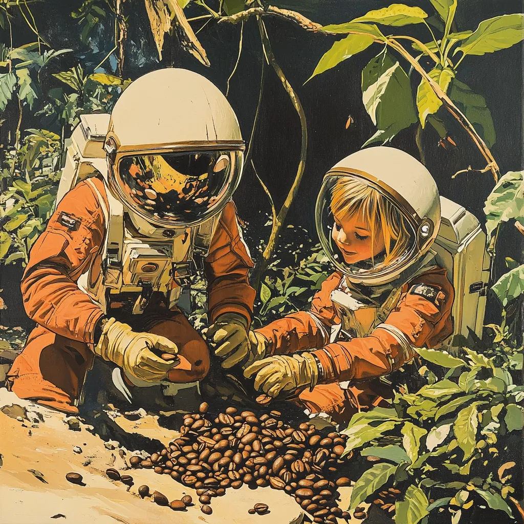 Two astronauts, clad in vibrant orange spacesuits, are meticulously collecting coffee beans.  The scene is set amidst lush, earthly foliage, creating a striking contrast between the futuristic attire and the natural environment.  The astronauts, one appearing adult and the other child-like, are attentively gathering the beans, suggesting a mission related to agriculture or resource collection on a distant planet. The painting style is reminiscent of vintage science fiction art, with rich colors and dramatic lighting.