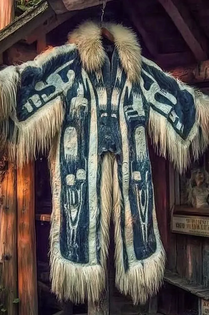 Here's a description of the image:

The photograph shows a long, intricately decorated coat hanging in a rustic wooden structure. The coat features a dark blue or black background with a pattern of stylized figures, possibly representing animals or human forms, in off-white. The coat has a thick, light-colored fringe along the bottom and sleeves. A lighter colored fur collar is attached to the neck. The setting appears to be outdoors, or in a building with wooden walls and beams. The overall style is evocative of traditional Native American clothing.