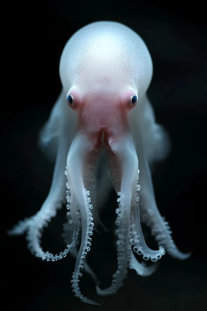 Here's a description of the image:

Close-up view of a translucent, almost entirely white octopus against a stark black background.  Its body is bulbous and pale, with a slightly pinkish hue around the mantle.  Two large, dark blue eyes are clearly visible.  The octopus's arms are slender and numerous, exhibiting a delicate, almost ethereal quality, with tiny suction cups lined along their length. The overall image is striking due to the contrast between the creature's pale form and the deep black backdrop, creating a sense of mystery and otherworldliness.
